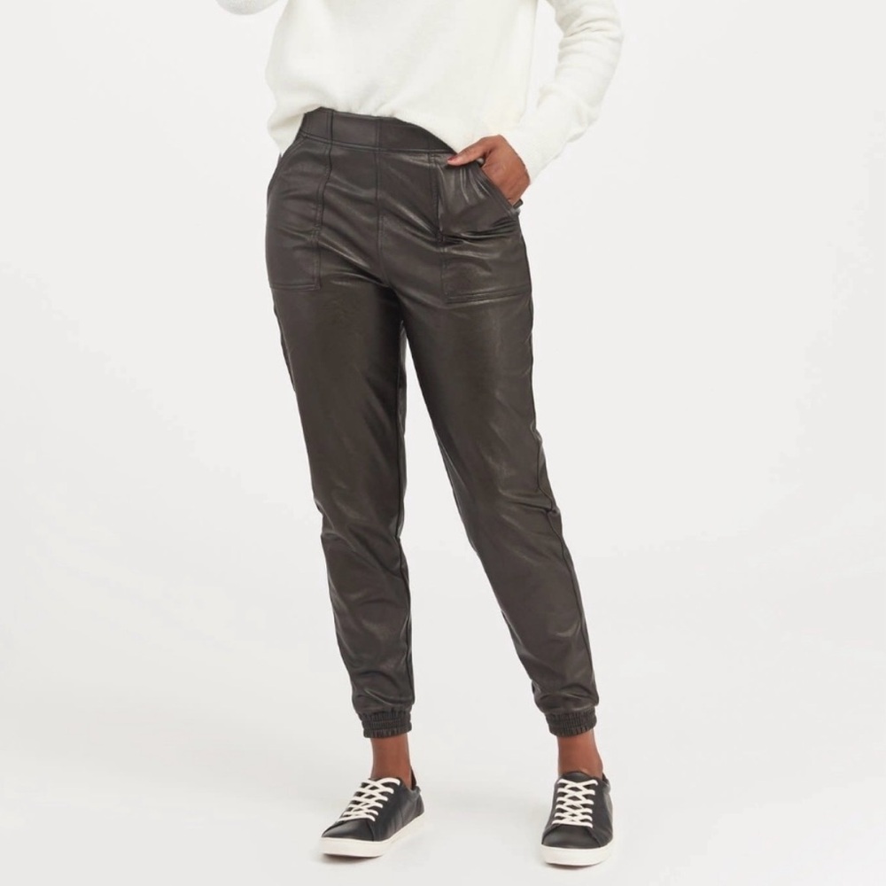 SPANX Black Faux Leather Joggers